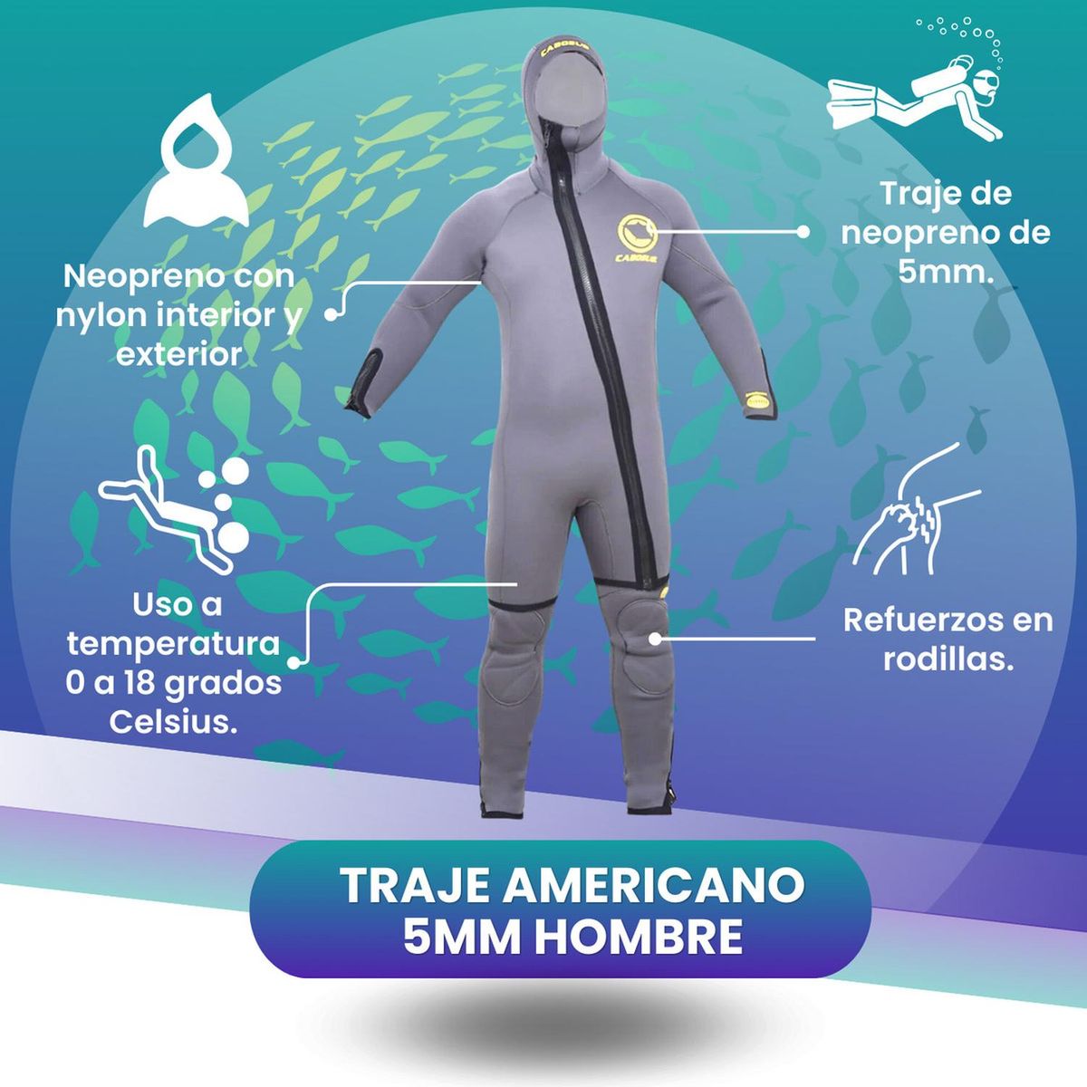CABOSUB - Traje Buceo Americano Hombre 5mm Cabosub - Gris - M