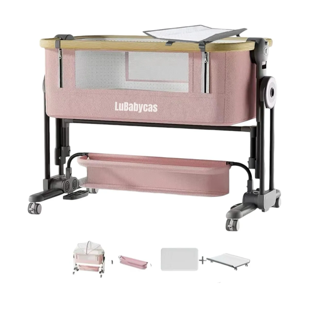 LUBABYCAS - Cuna Colecho Con Mudador Colchón Mosquitero Rosada