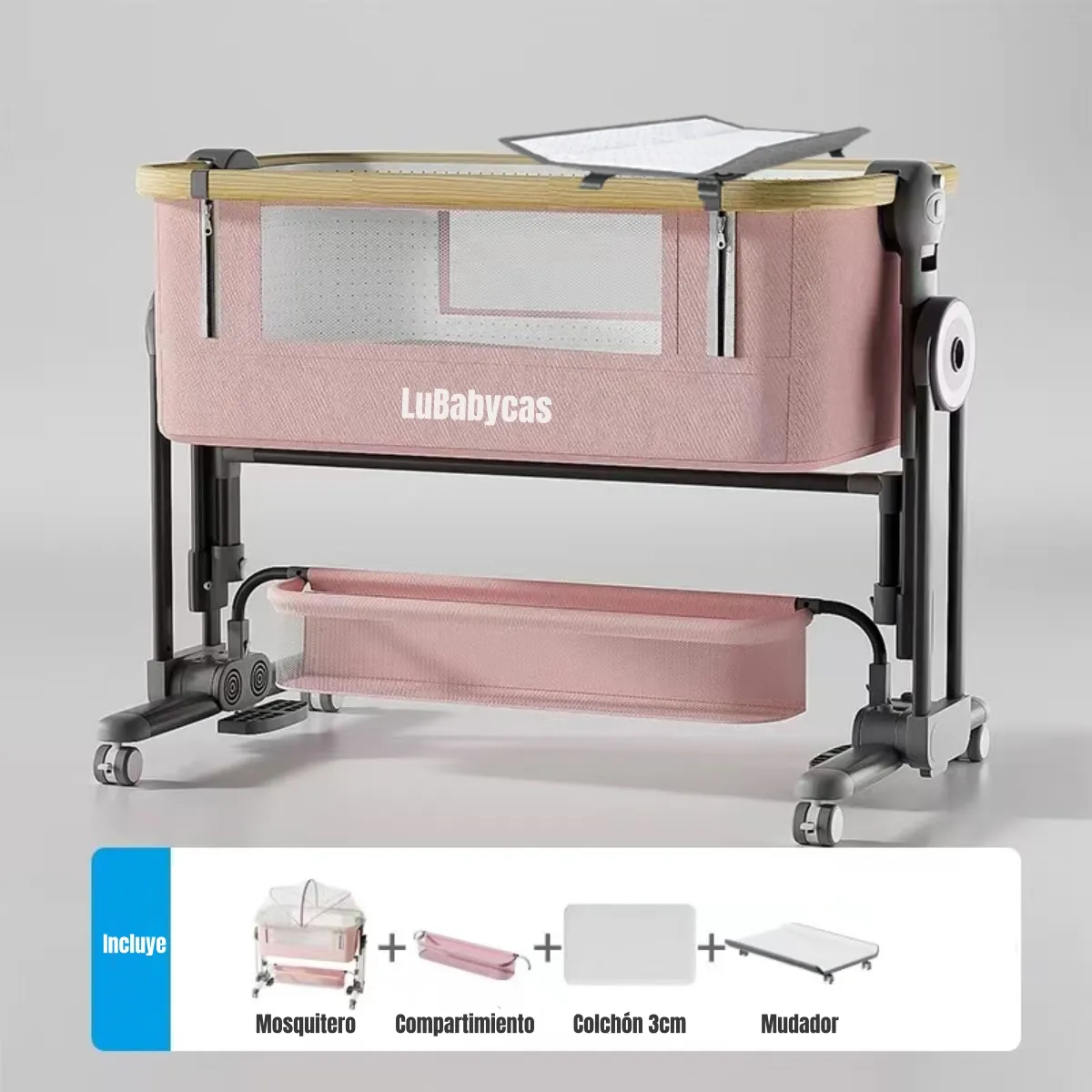 LUBABYCAS - Cuna Colecho Con Mudador Colchón Mosquitero Rosada