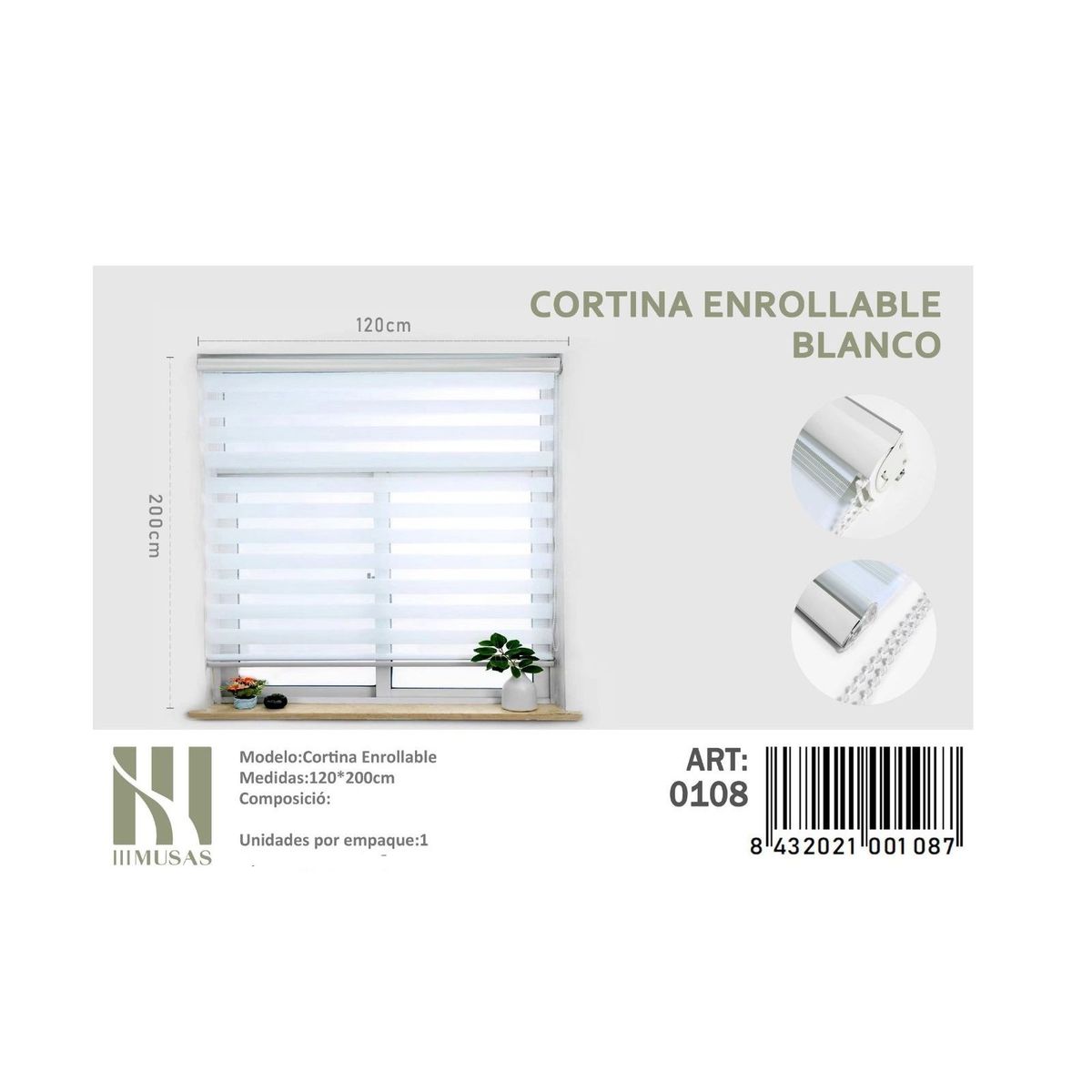 ANGELES DEL HOGAR - Cortina Roller Duo Lisa 120 cm x 200 cm Blanco