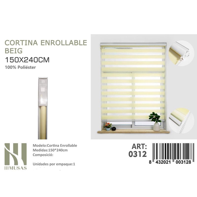 ANGELES DEL HOGAR - Cortina Roller Duo Lisa 150 cm x 240 cm Beige