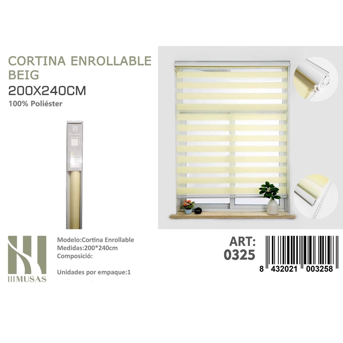 ANGELES DEL HOGAR - Cortina Roller Duo Lisa 200 cm x 240 cm Beige