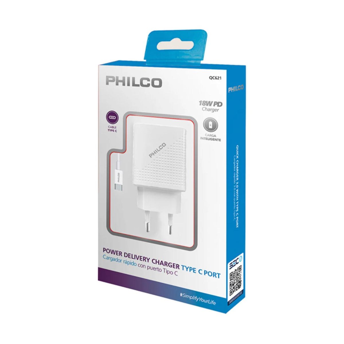 PHILCO - Cargador Rapido 3.0 USB C Con Cable 18W Blanco QC621 Philco