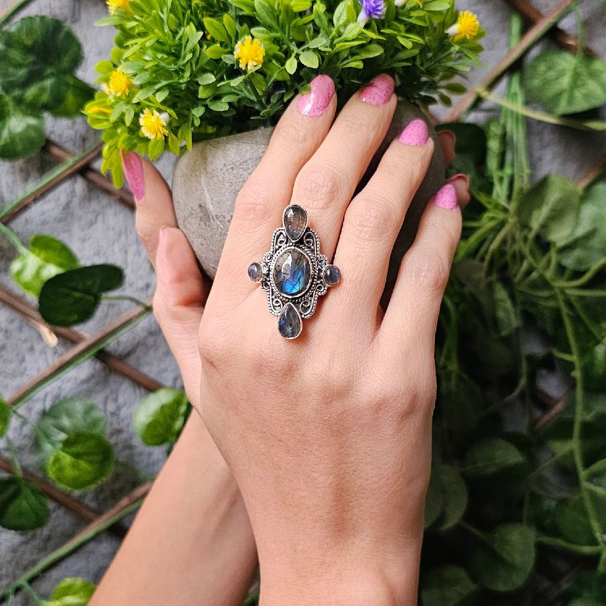 GENERICO - Anillo Shakti  Labradorita - Turmalina