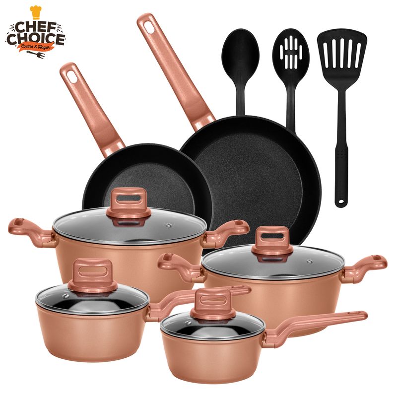 CHEFCHOICE - Bateria De Cocina Ceramica Antiadherente Aluminio 13 Piezas Oro Rosa