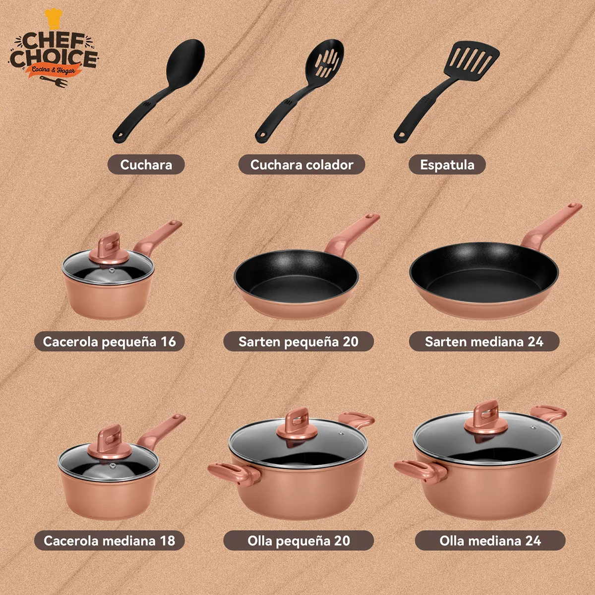 CHEFCHOICE - Bateria De Cocina Ceramica Antiadherente Aluminio 13 Piezas Oro Rosa