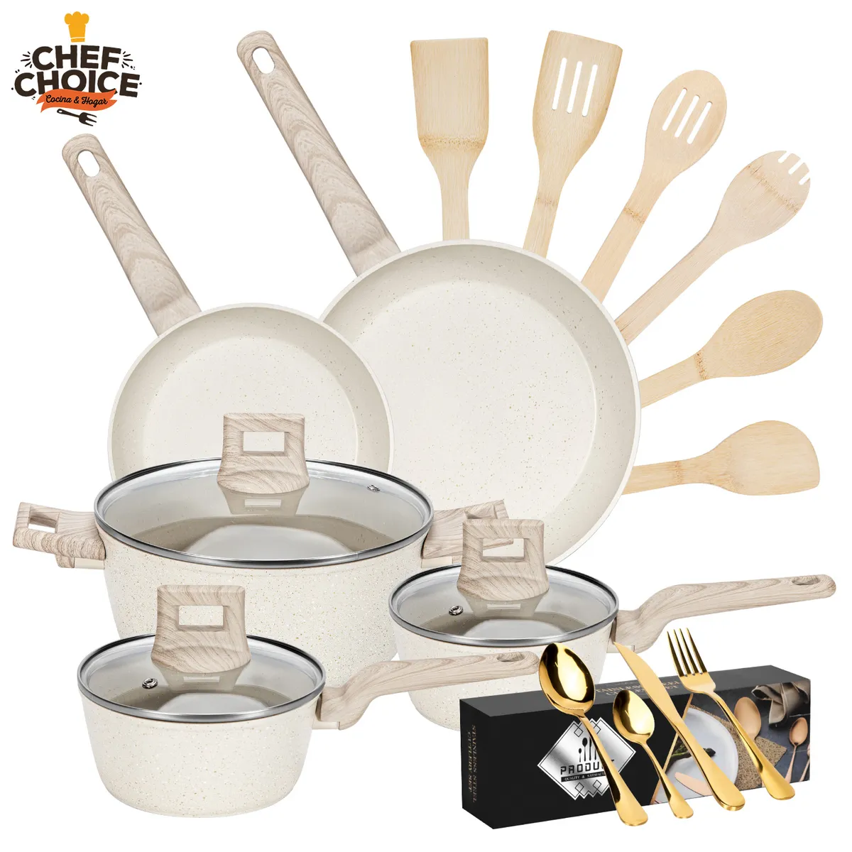 CHEFCHOICE - Bateria De Cocina Aluminio 38 Pcs  Antiadherente Granito Blanco Crema