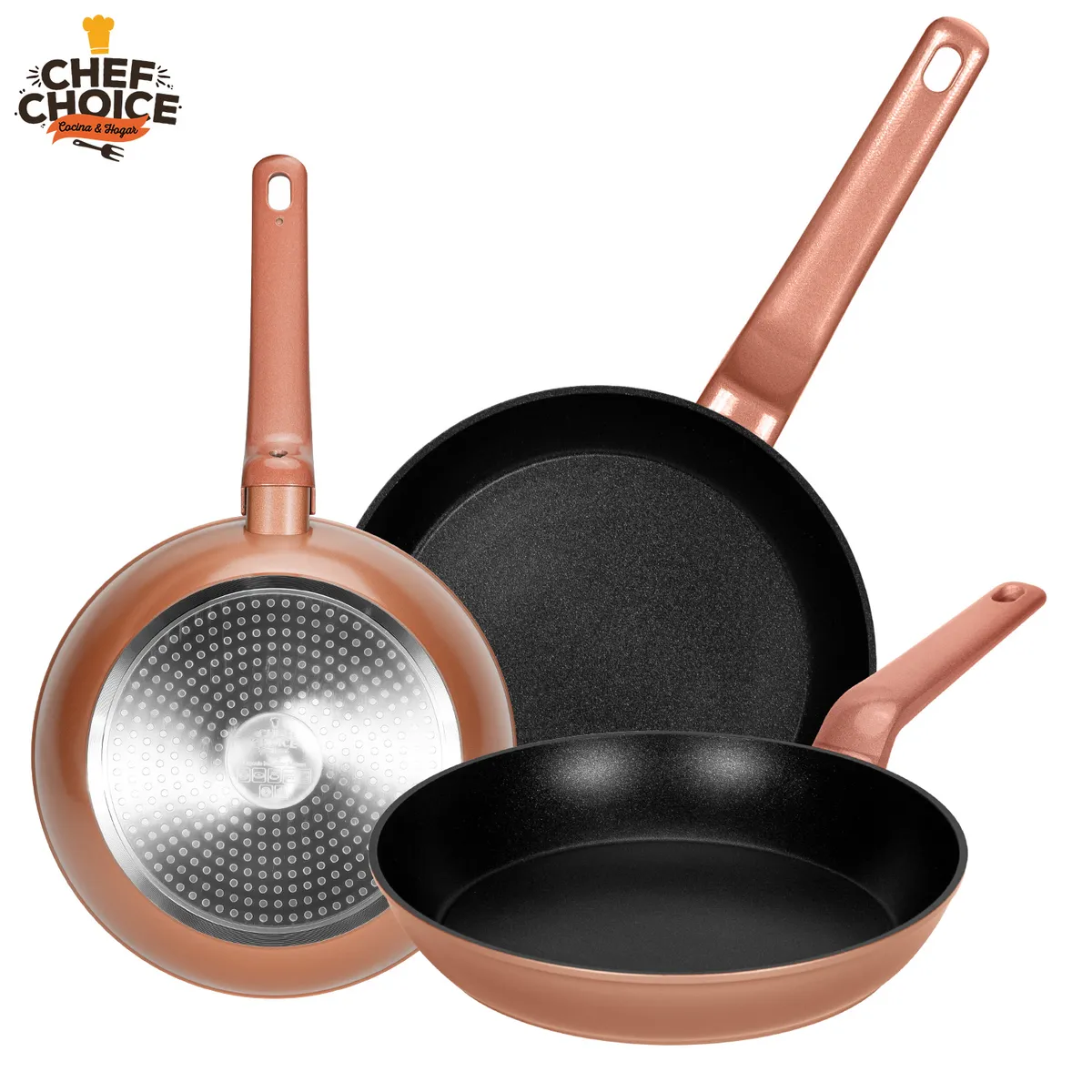 CHEFCHOICE - Set Sartenes Aluminio Antiadherentes 3 Piezas  20/24/26cm Oro Rosa