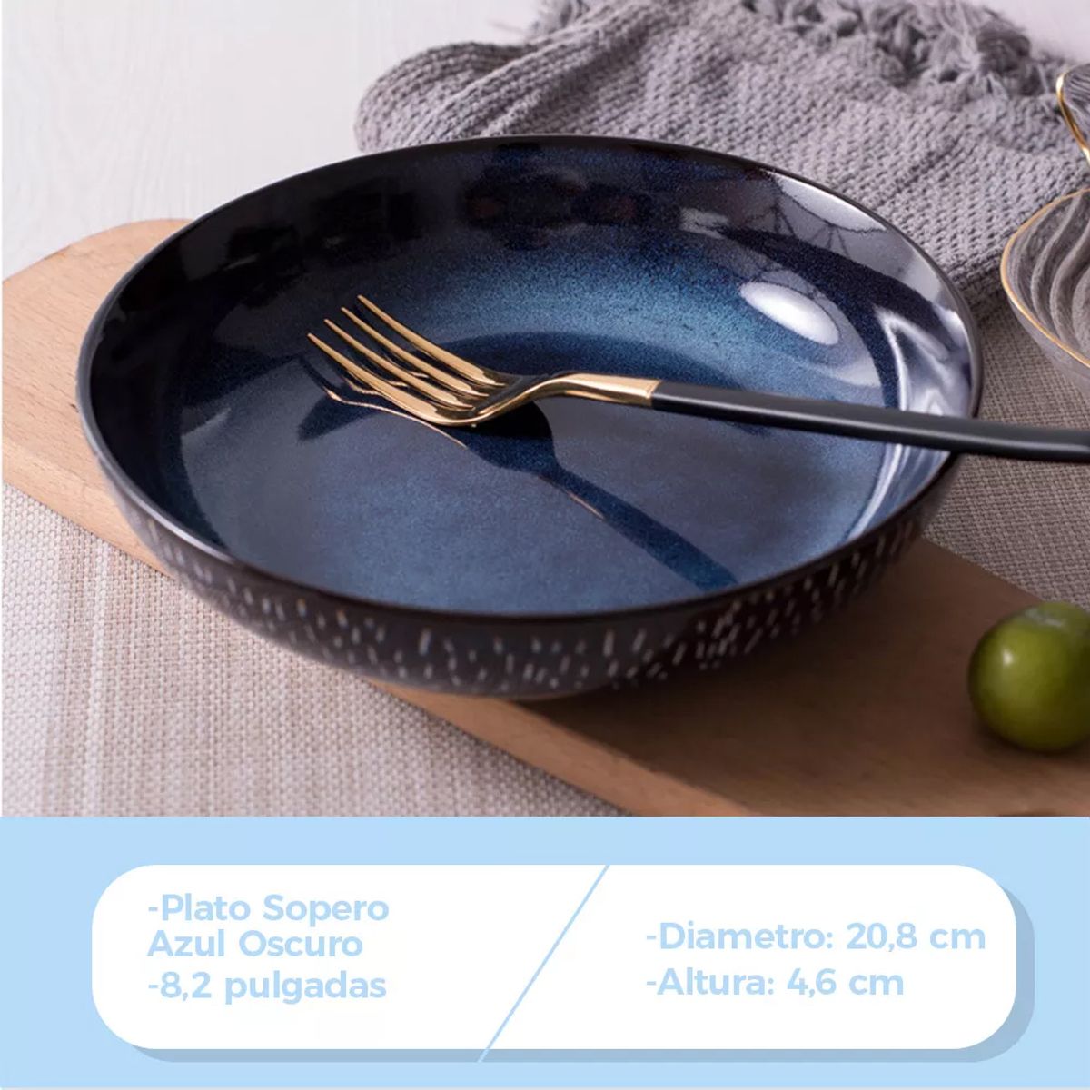 GENERICO - Plato Hondo Sopero De Cerámica Esmaltado Azul 208x46mm X4