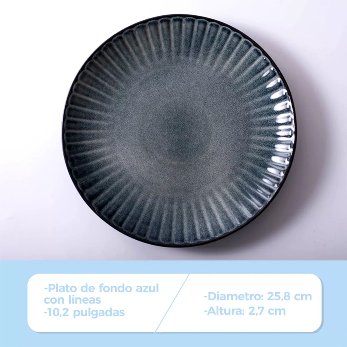 GENERICO - Plato Llano De Fondo Cerámica Azul Relieve Líneas 258mm X4
