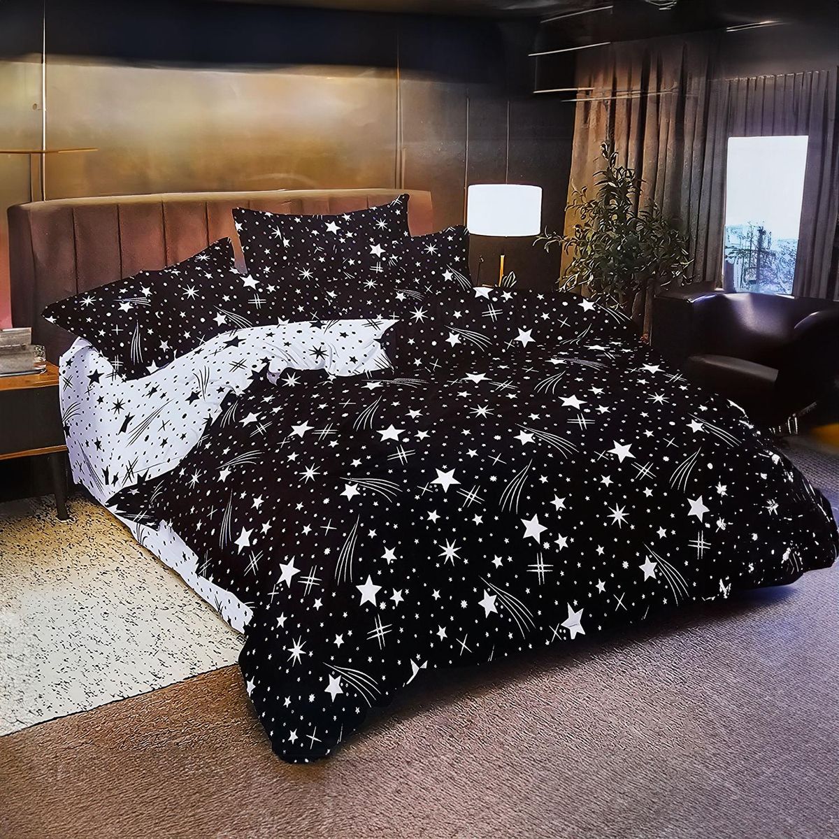 GENERICO - JUEGO DE SABANAS 2.5 PLAZAS KING ESTRELLAS BLACK 626