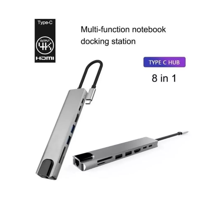GENERICO - Hub Adaptador Usb Tipo C 8 En 1 - Macbook, Windows Ethernet