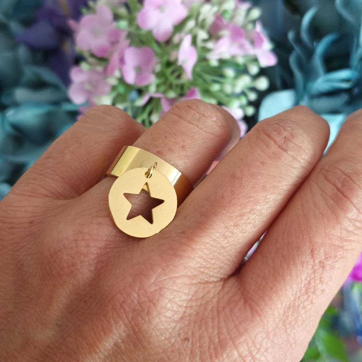 VANE COLLECTION - Anillo mujer estrella colgante acero y baño de oro