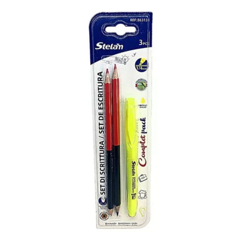 GENERICO - Set De Escritura Lapíz Bicolor Y Destacador 3 Piezas