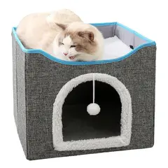 ELEONOR - Cama Para Gato Tipo Casita de 2 Niveles Plegable Con Rascador - Gris