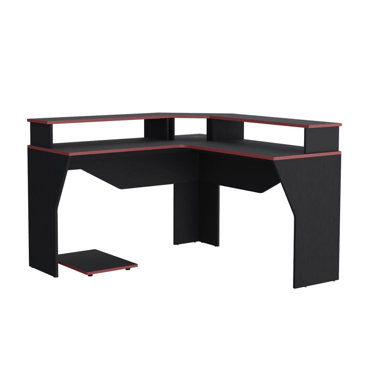 FMFURNITURE - Escritorio Gamer En L - Negro Canto Rojo 88.5x127.9x127.9 cm