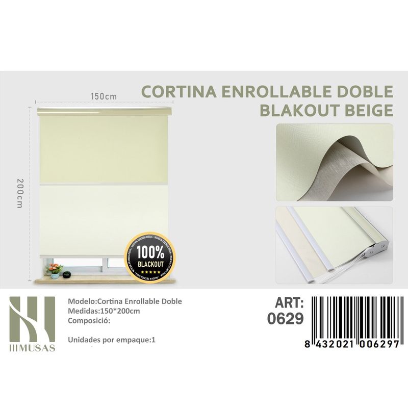 ANGELES DEL HOGAR - Cortinas Roller Blackout Doble  150 cm x 200 cm Beige