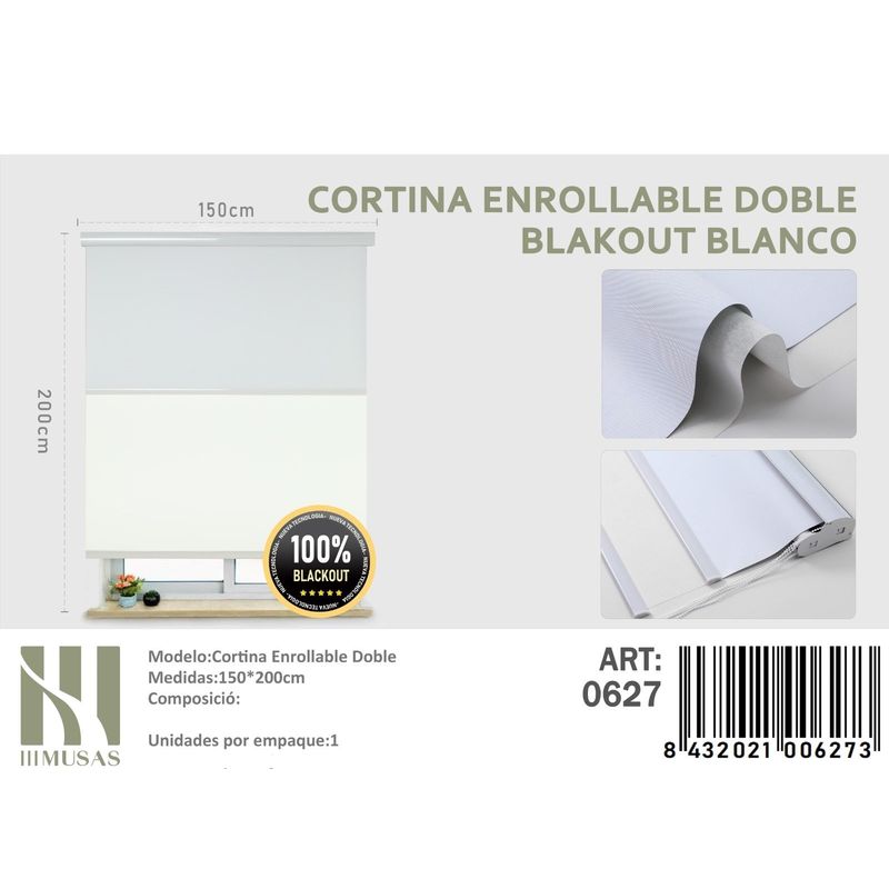 ANGELES DEL HOGAR - Cortinas Roller Blackout Doble  150 cm x 200 cm Blanco