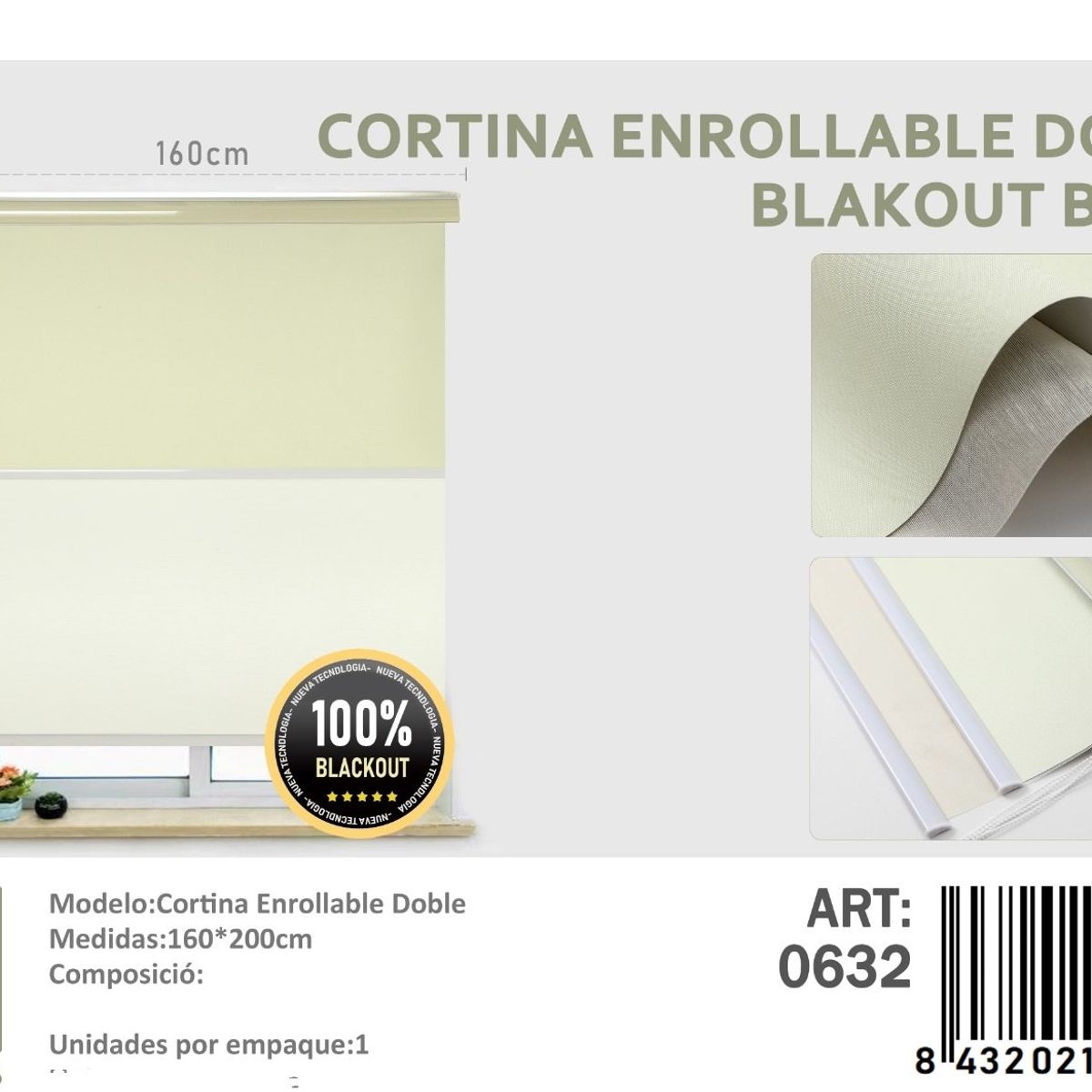 ANGELES DEL HOGAR - Cortinas Roller Blackout Doble   160 cm x 200 cm Beige
