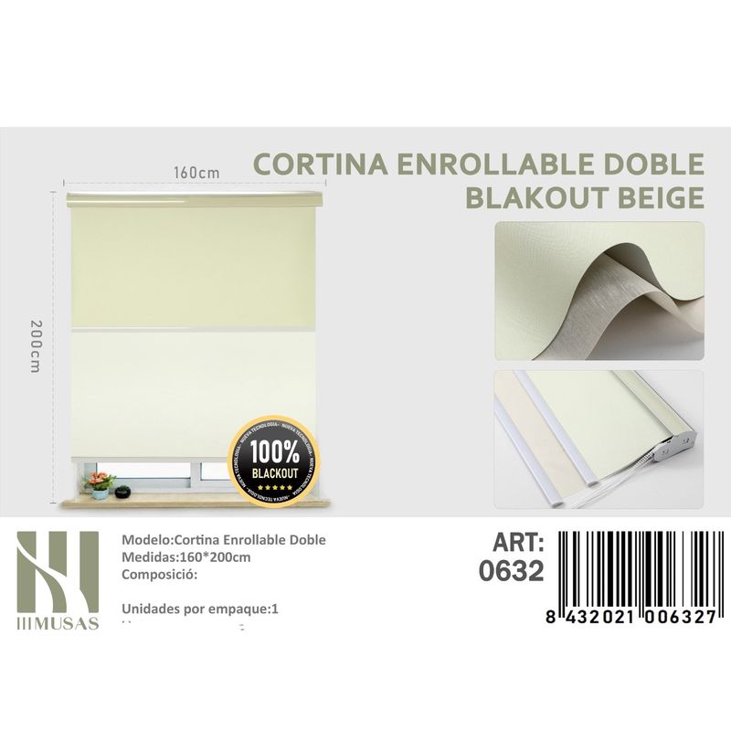ANGELES DEL HOGAR - Cortinas Roller Blackout Doble   160 cm x 200 cm Beige