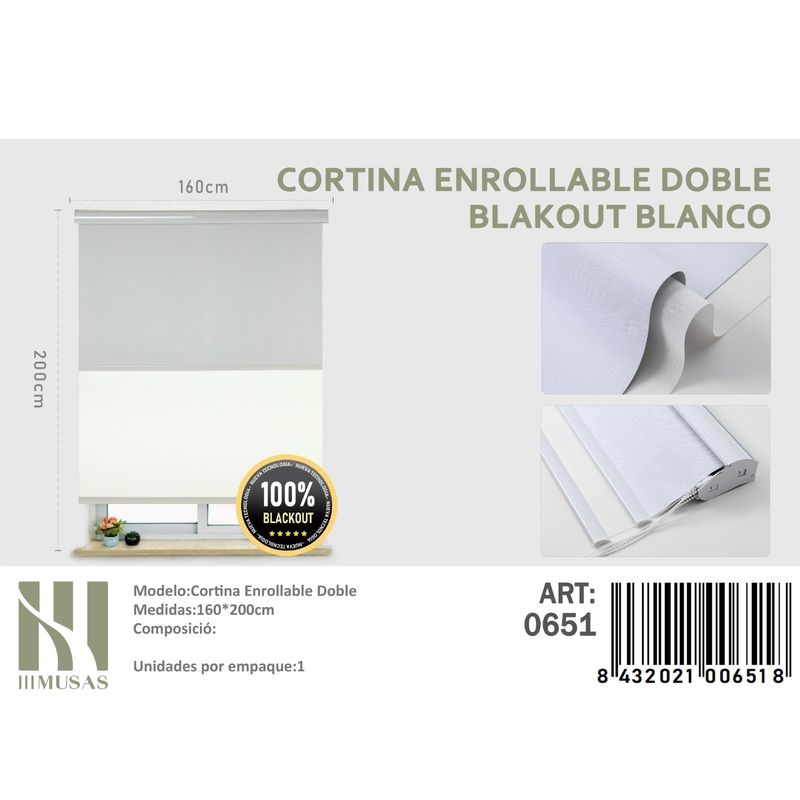 ANGELES DEL HOGAR - Cortinas Roller Blackout Doble Jaspeada   160 cm x 200 cm Blanco