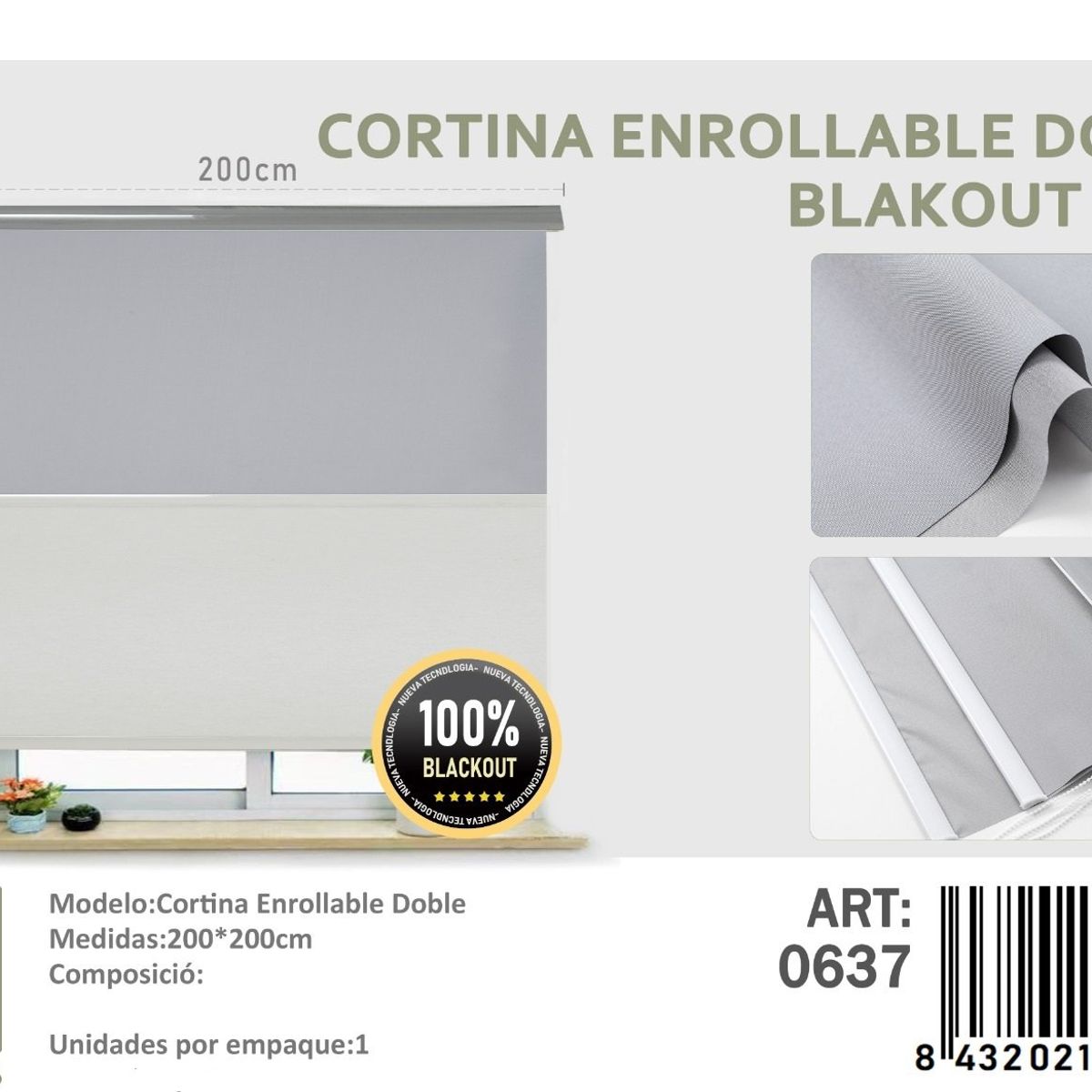 ANGELES DEL HOGAR - Cortinas Roller Blackout Doble  200 cm x 200 cm Gris