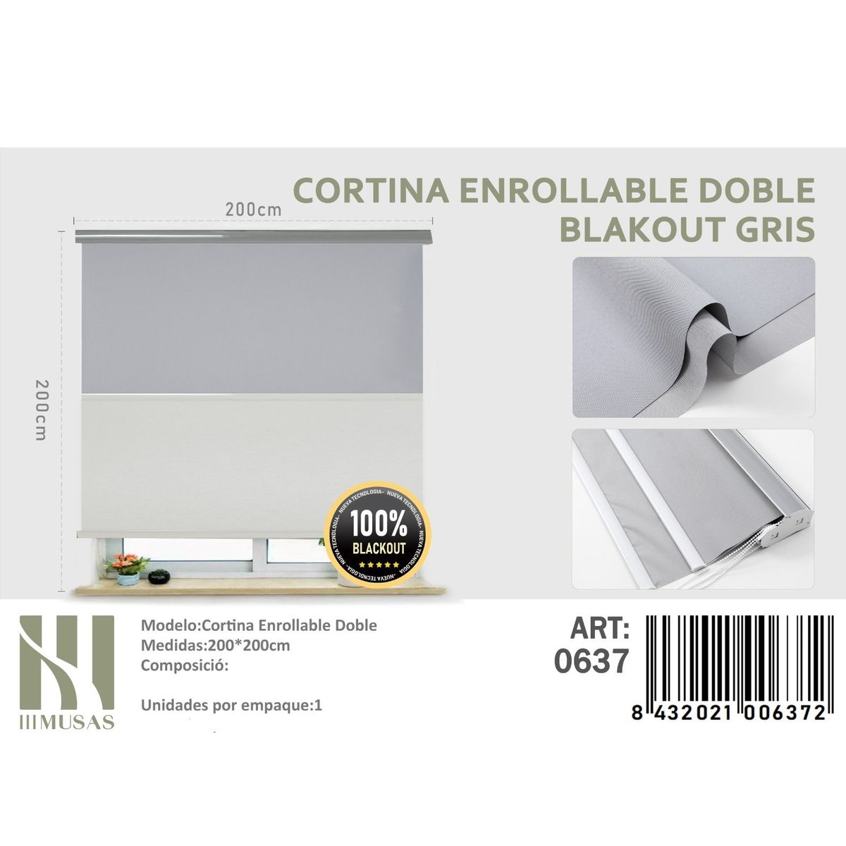 ANGELES DEL HOGAR - Cortinas Roller Blackout Doble  200 cm x 200 cm Gris
