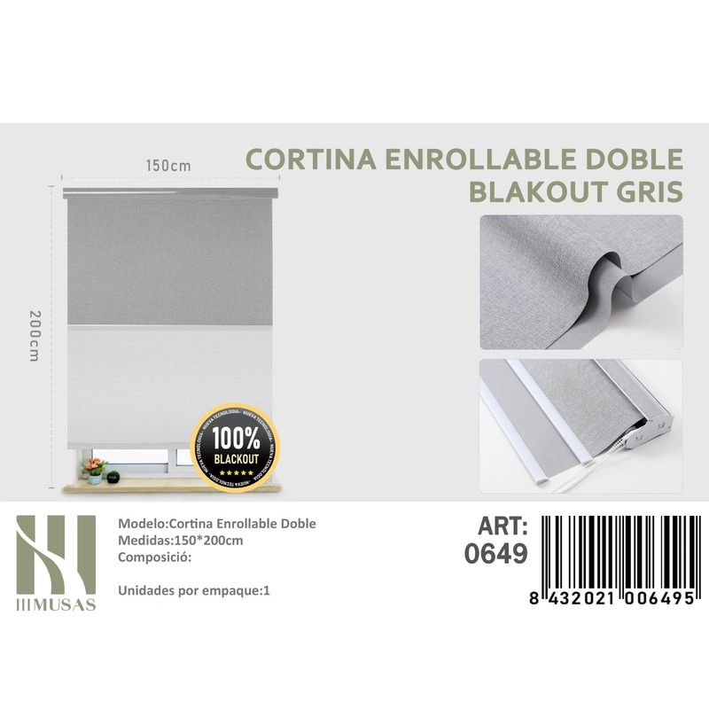 ANGELES DEL HOGAR - Cortinas Roller Blackout Doble Jaspeada  150 cm x 200 cm Gris