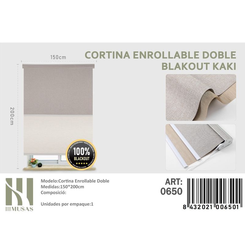 ANGELES DEL HOGAR - Cortinas Roller Blackout Doble Jaspeada  150 cm x 200 cm Kaki