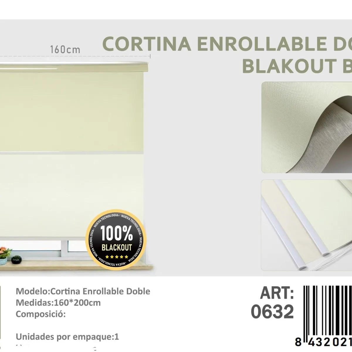 ANGELES DEL HOGAR - Cortinas Roller Blackout Doble   160 cm x 200 cm Beige