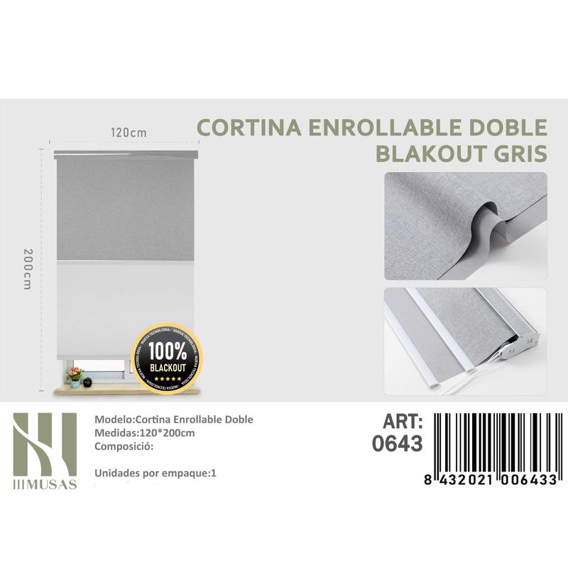 ANGELES DEL HOGAR - Cortinas Roller Blackout Doble Jaspeada  120 cm x 200 cm Gris