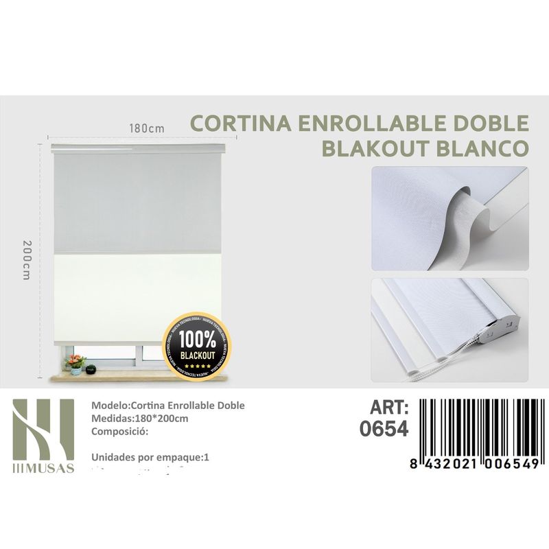 ANGELES DEL HOGAR - Cortinas Roller Blackout Doble jaspeada  180 cm x 200 cm Blanco