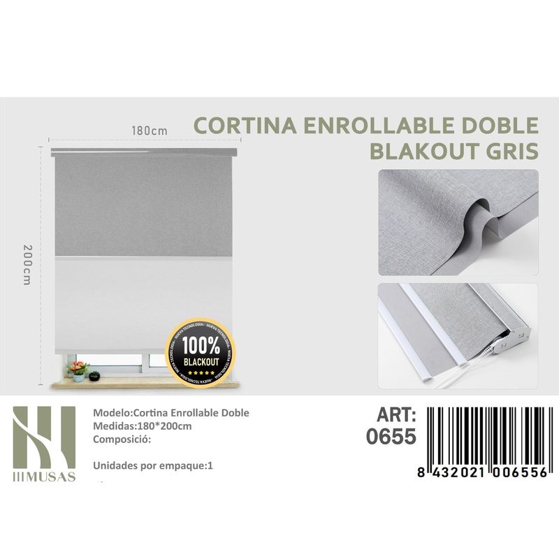 ANGELES DEL HOGAR - Cortinas Roller Blackout Doble jaspeada  180 cm x 200 cm Gris