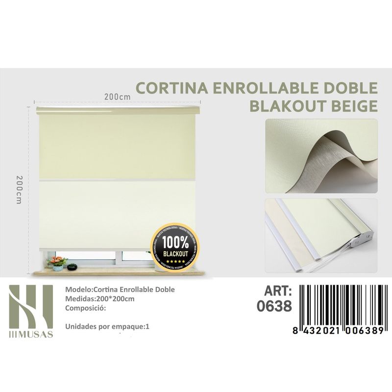 ANGELES DEL HOGAR - Cortinas Roller Blackout Doble  200 cm x 200 cm Beige