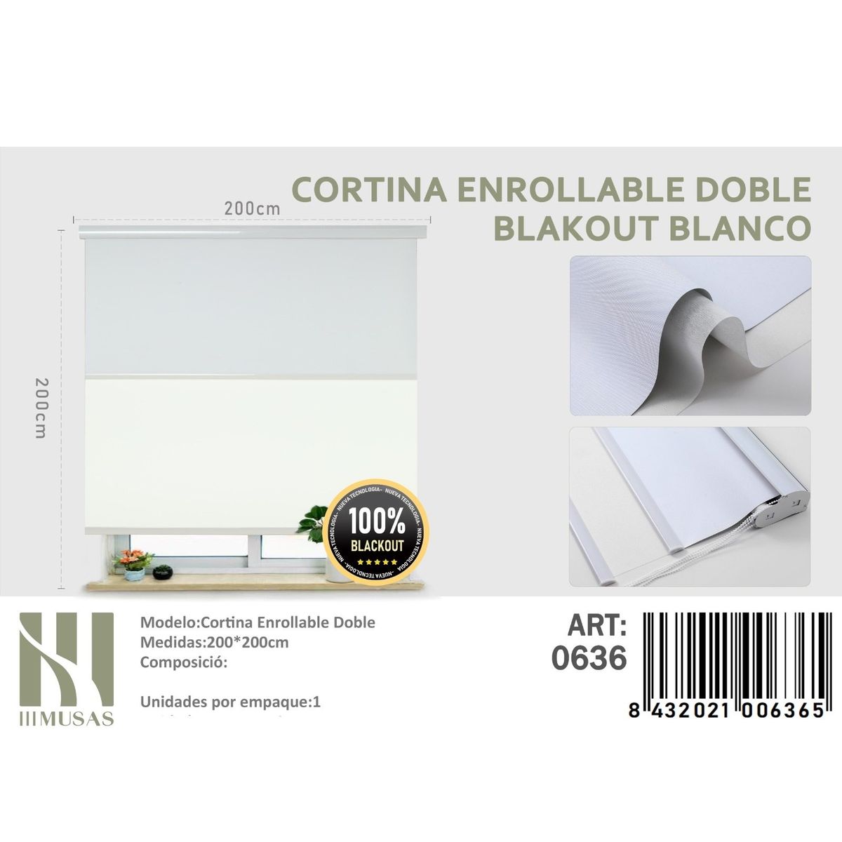 ANGELES DEL HOGAR - Cortinas Roller Blackout Doble  200 cm x 200 cm Blanco