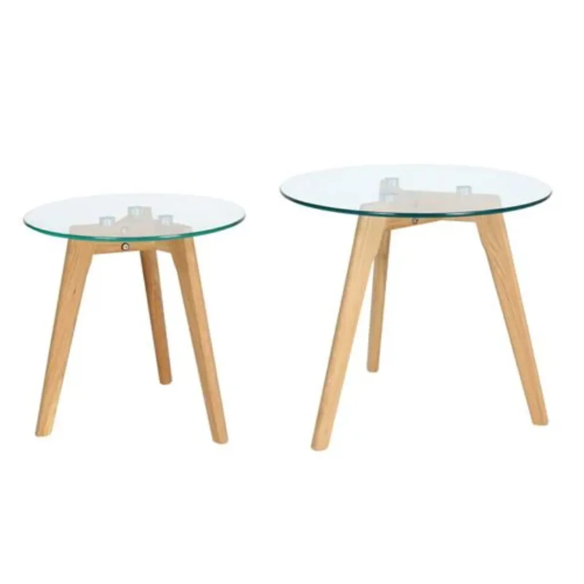 HABITA2 CHILE - Set 2 mesas de centro vidrio base madera pino 40 y 50cm diámetro