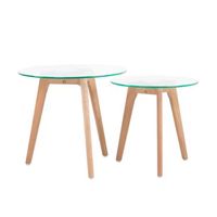 Set 2 mesas de centro vidrio base madera pino 40 y 50cm diámetro