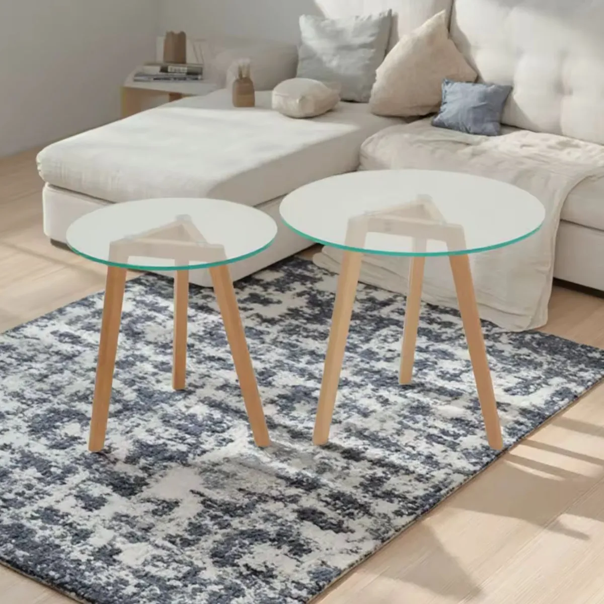 HABITA2 CHILE - Set 2 mesas de centro vidrio base madera pino 40 y 50cm diámetro