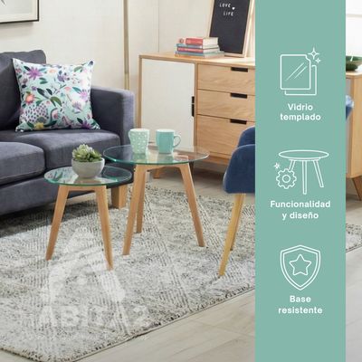 Imagen 2 del producto Set 2 mesas de centro vidrio base madera pino 40 y 50cm diámetro