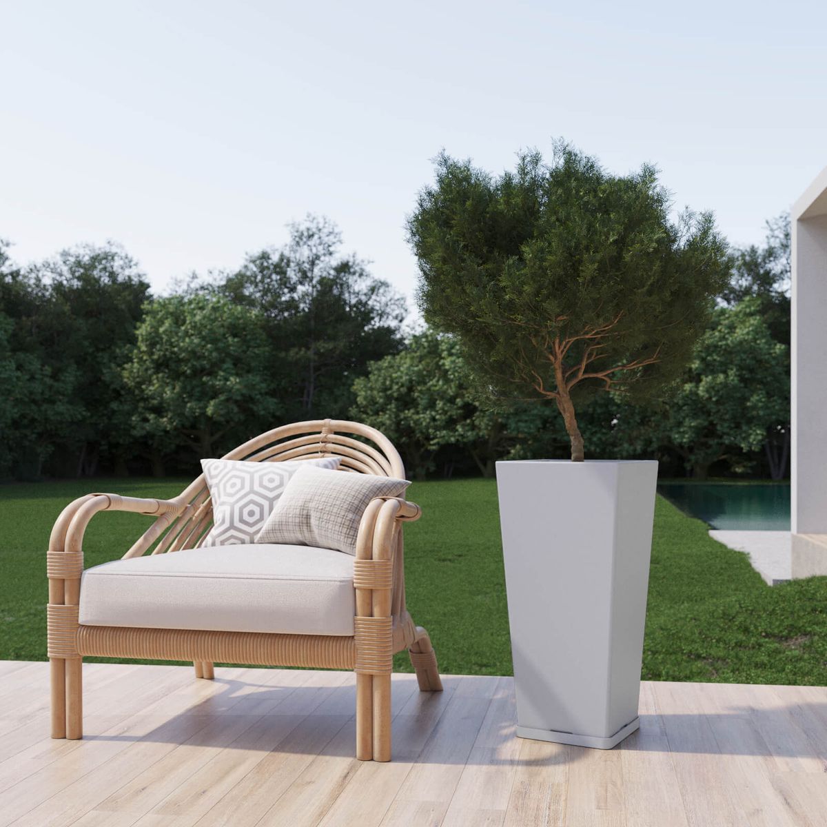 AMALFI - Macetero De Plástico Piramidal 70x33 Cm 55 Litros Con Plato Color Perla