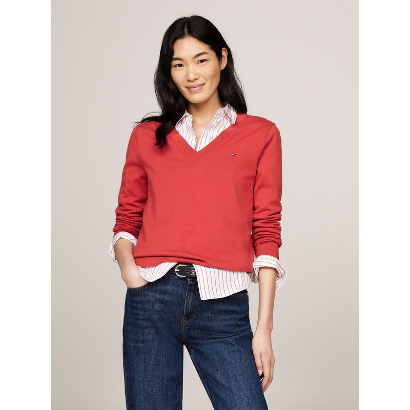 TOMMY HILFIGER - Sweater Solid Con Cuello En V Rojo Tommy Hilfiger