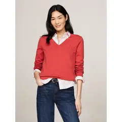 TOMMY HILFIGER - Sweater Solid Con Cuello En V Rojo