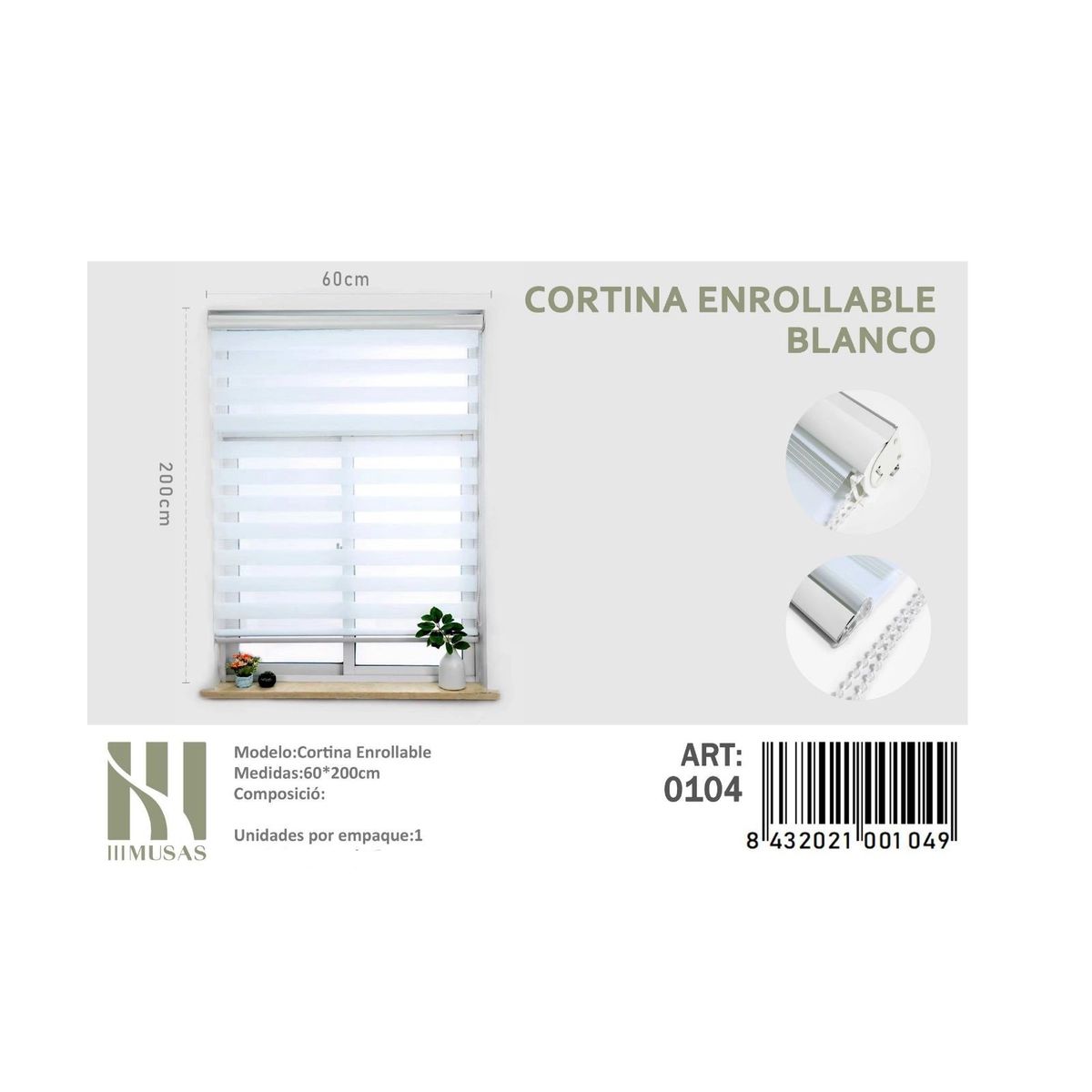 ANGELES DEL HOGAR - Cortina Roller Duo Lisa  60 cm x 200 cm Blanco