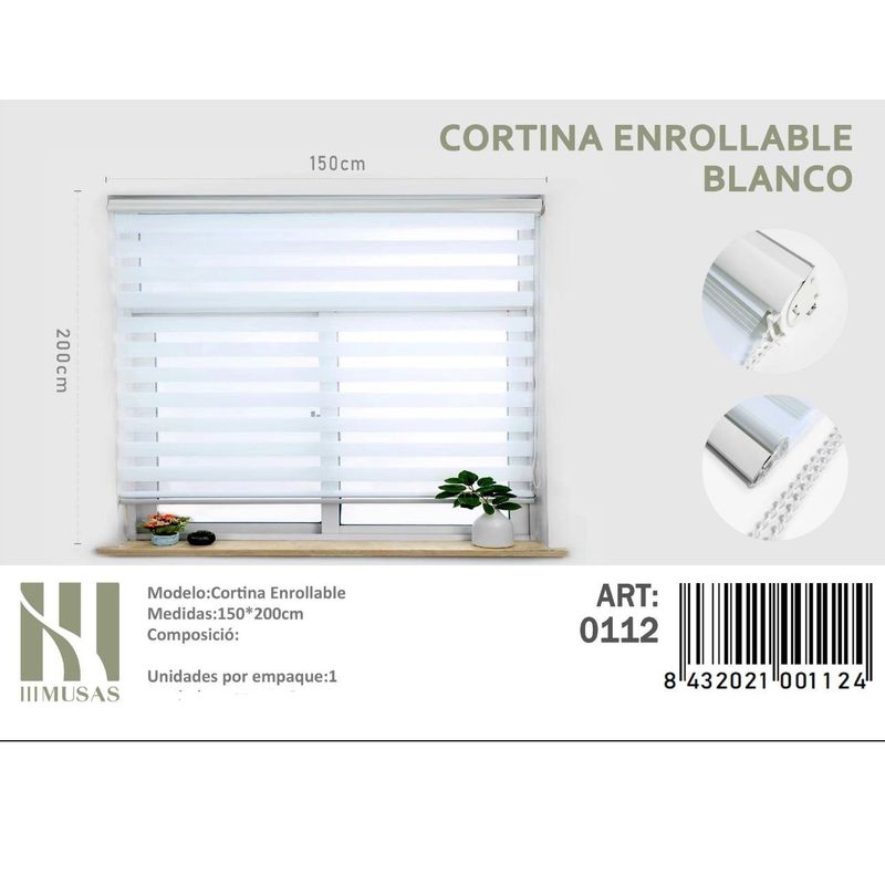 ANGELES DEL HOGAR - Cortina Roller Duo Lisa 150 cm x 200 cm Blanco