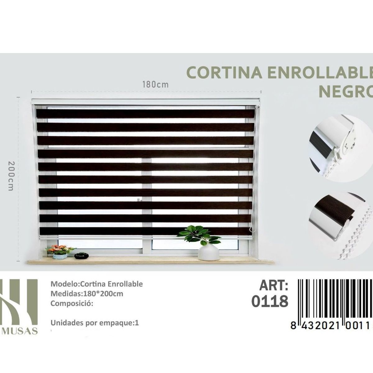 ANGELES DEL HOGAR - Cortina Roller Duo Lisa 180 cm x 200 cm Negro