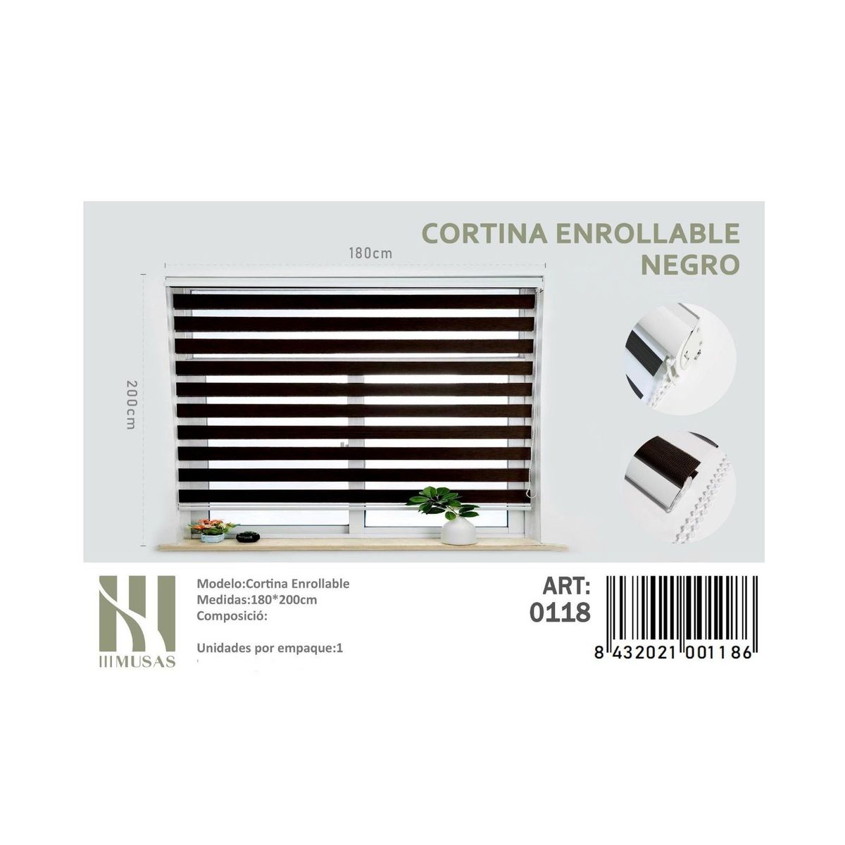 ANGELES DEL HOGAR - Cortina Roller Duo Lisa 180 cm x 200 cm Negro