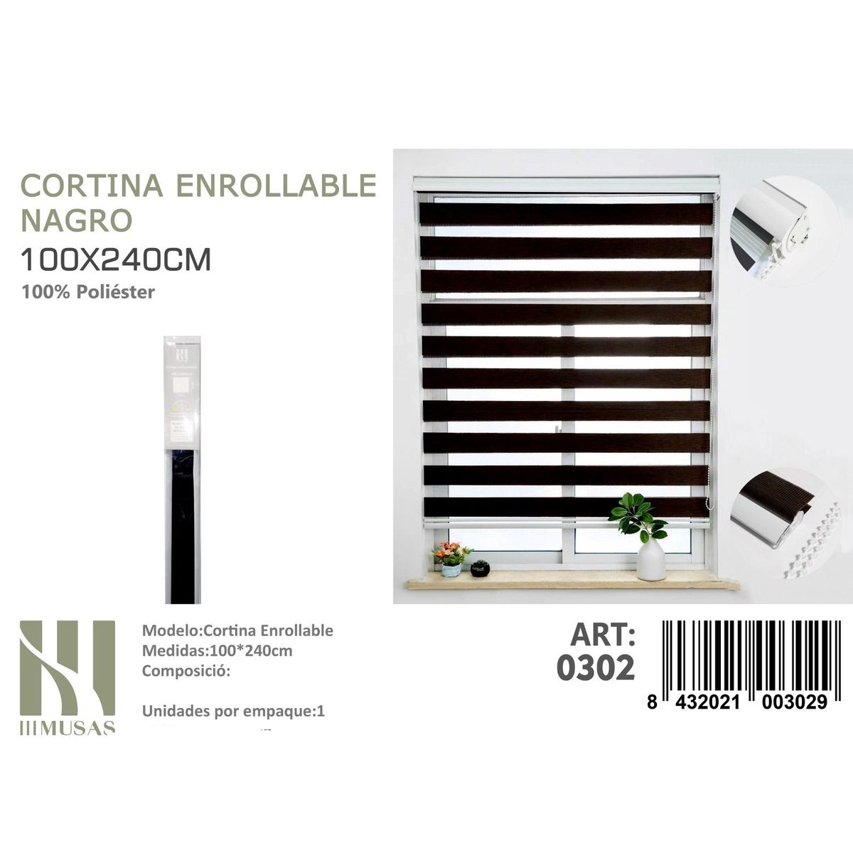 ANGELES DEL HOGAR - Cortina Roller Duo Lisa 100 cm x 240 cm Negro