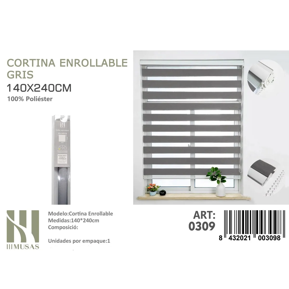 ANGELES DEL HOGAR - Cortina Roller Duo Lisa 140 cm x 240 cm Gris