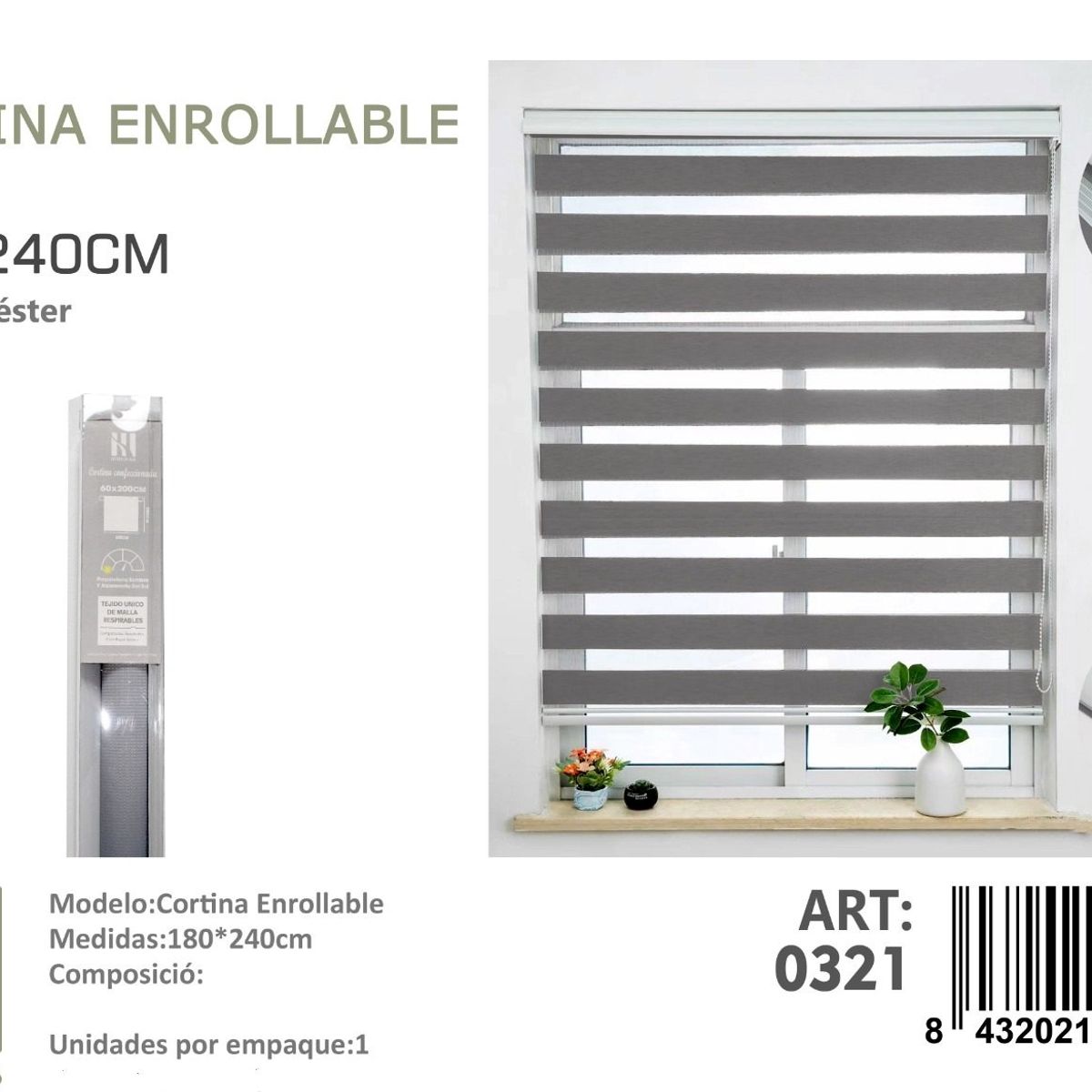 ANGELES DEL HOGAR - Cortina Roller Duo Lisa 180 cm x 240 cm Gris