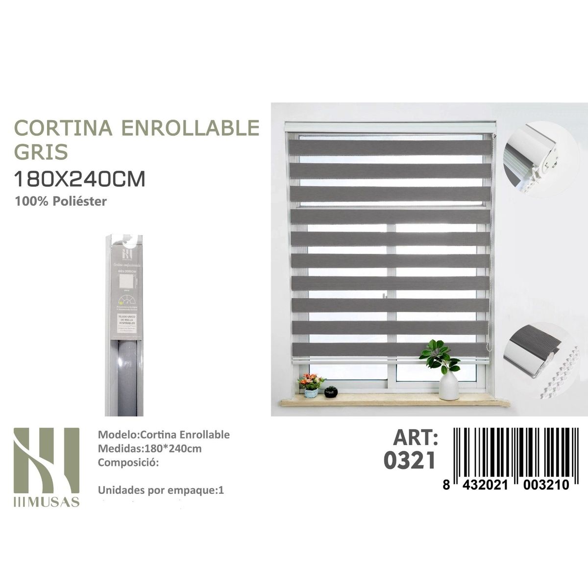 ANGELES DEL HOGAR - Cortina Roller Duo Lisa 180 cm x 240 cm Gris